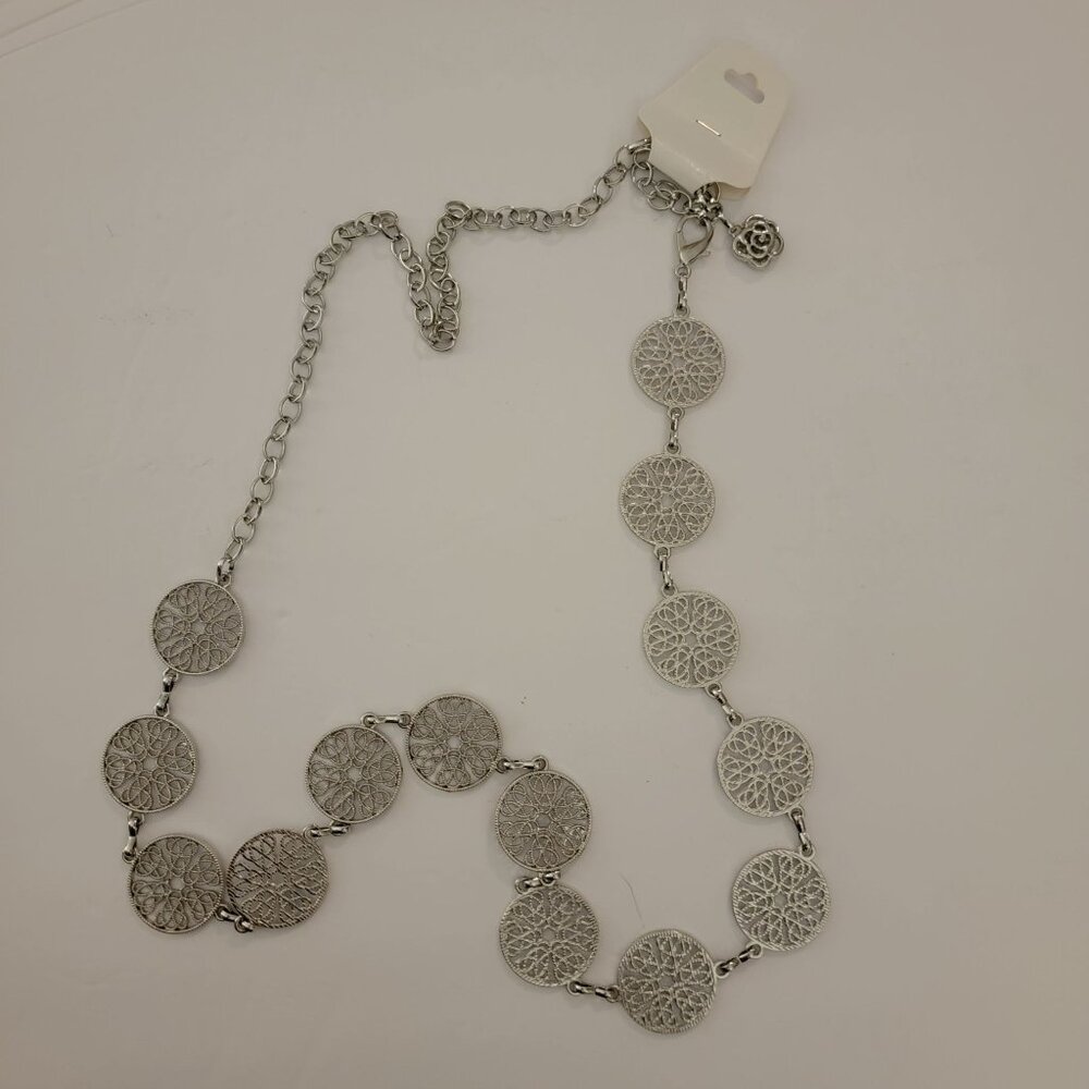 Silver Tone Filigree Medallion Chain Belt – Long Statement Belt – 39 Inches